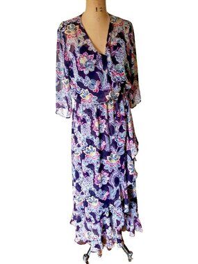 2000s Y2K Banana Republic maxi long bold floral print dark purple dress lined 8